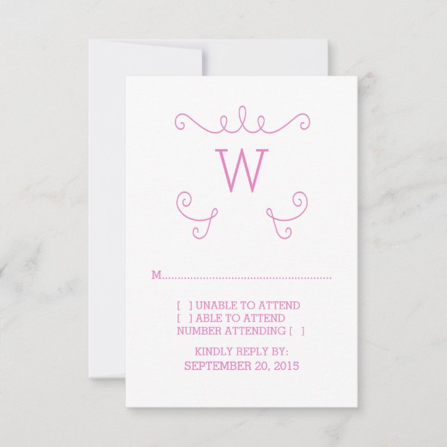 Pink Whimsical Flourish Monogram RSVP Card (Front)