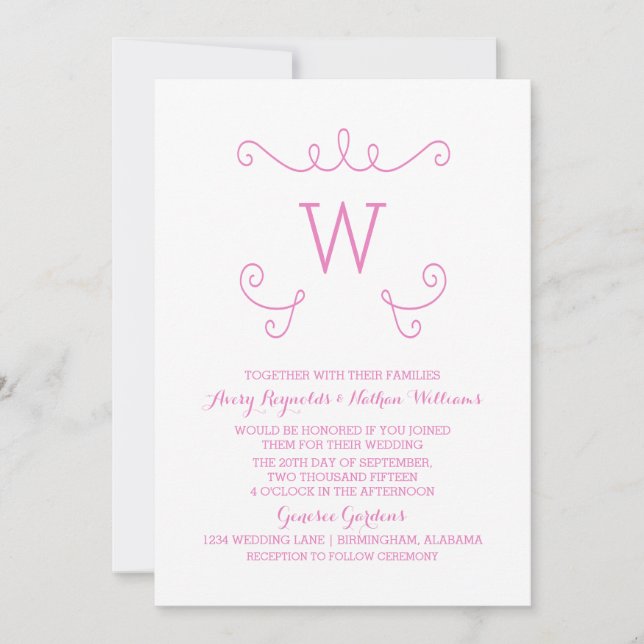 Pink Whimsical Flourish Monogram Wedding Invite (Front)