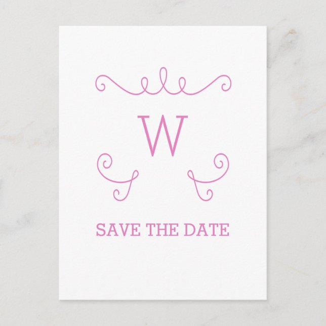 Pink Whimsical Flourish Save the Date Postcard (Front)