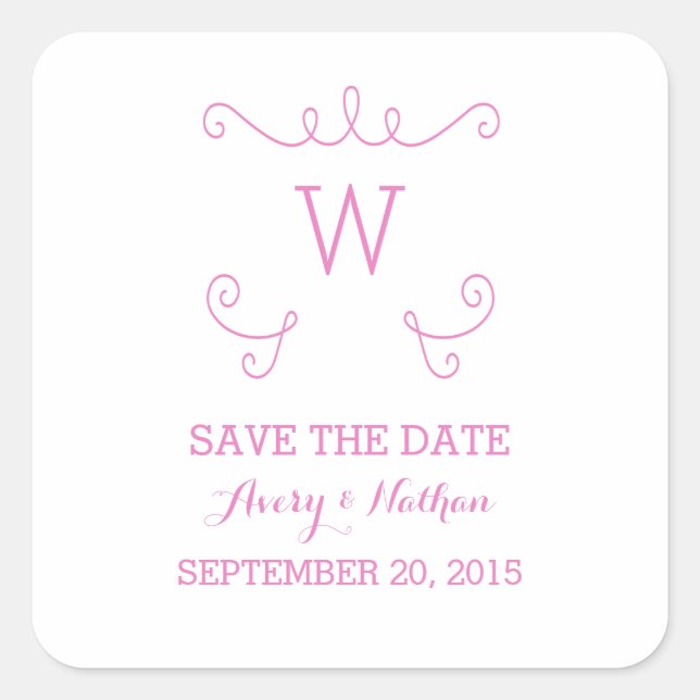 Pink Whimsical Flourish Save the Date Stickers (Front)