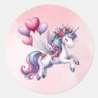 Pink whimsical flying unicorn  classic round sticker