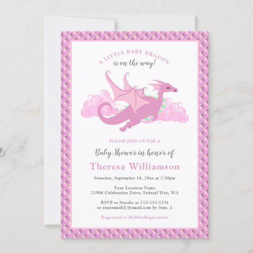 Pink Whimsical Girl Dragon Baby Shower Invitation