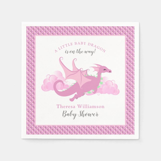 Pink Whimsical Girl Dragon Baby Shower Napkins (Front)