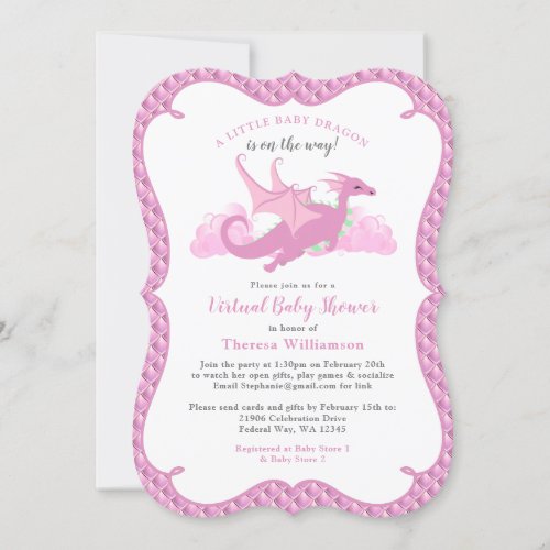 Pink Whimsical Girl Dragon Virtual Baby Shower Invitation