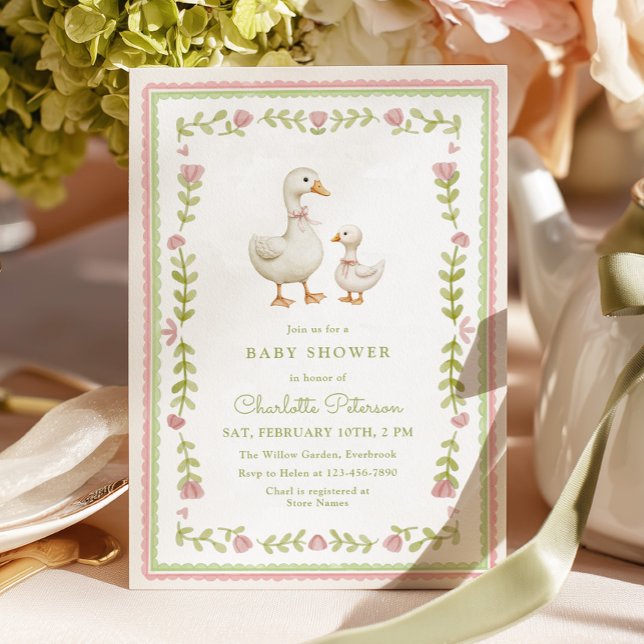 Pink Whimsical Goose Baby Shower Invitation (Creator Uploaded)