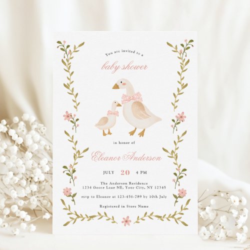 Pink Whimsical Goose Baby Shower Invitation