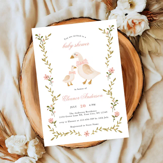 Pink Whimsical Goose Baby Shower Invitation | Zazzle