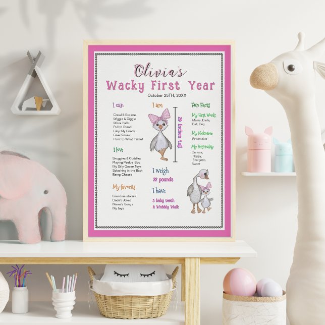 Pink Whimsical Goose Birthday Milestone Board Poster (Pink Whimsical Goose Birthday Milestone Board Poster)