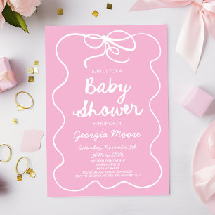 Pink Whimsical Hand Drawn Bow Baby Shower Invitation