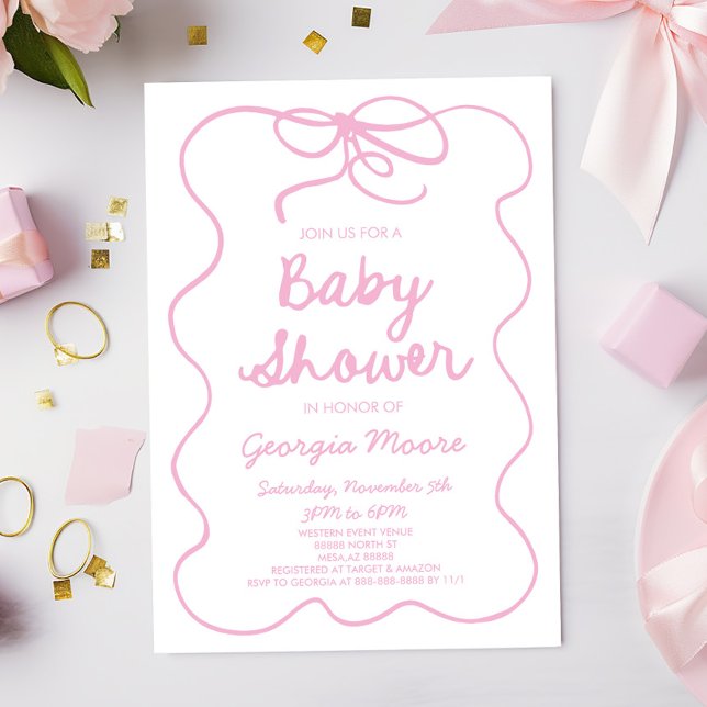 Pink Whimsical Hand Drawn Bow Baby Shower Invitation (Creator Uploaded)