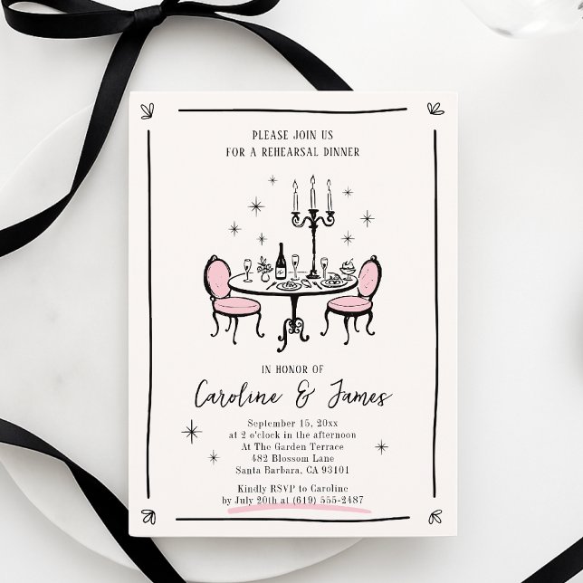 Pink Whimsical Hand Drawn Dinner Table rehearsal Invitation (Creator Uploaded)