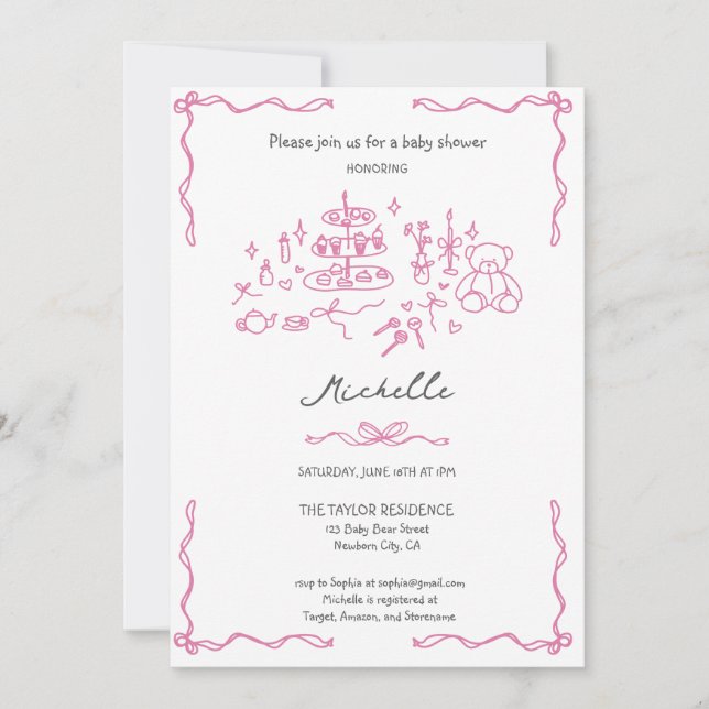 Pink Whimsical Hand Drawn Doodle Baby Shower Invitation (Front)