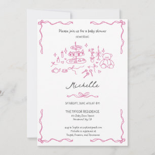 Pink Whimsical Hand Drawn Doodle Baby Shower Invitation