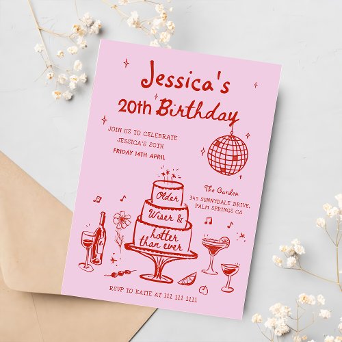 Pink Whimsical Hand Drawn Funky Birthday Party Invitation
