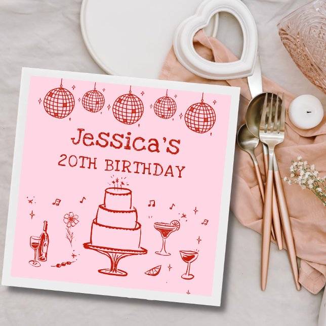 Pink Whimsical Hand drawn Funky Cocktail Birthday Napkins (Creator Uploaded)