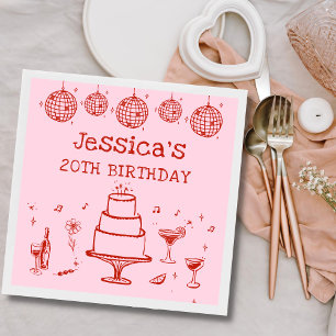 Pink Whimsical Hand drawn Funky Cocktail Birthday Napkins