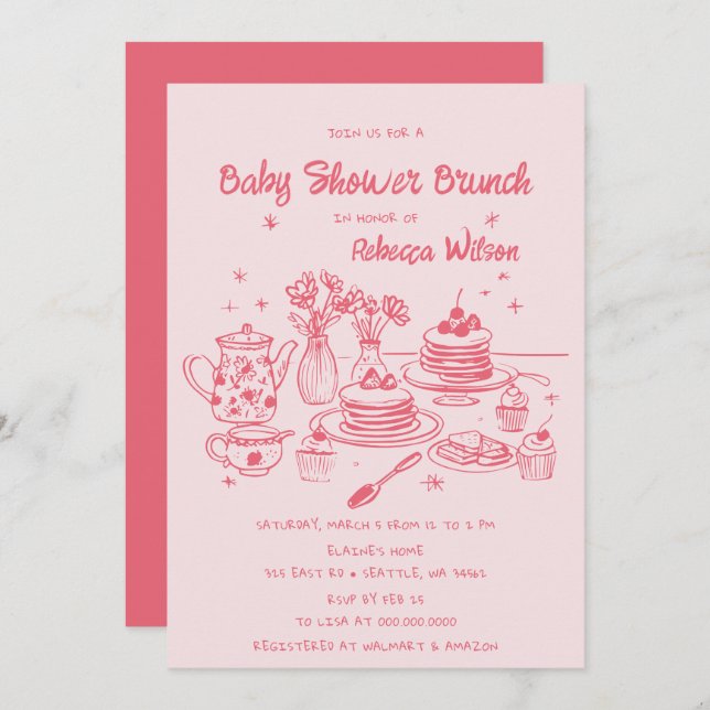 Pink Whimsical Hand Drawn Girl Baby Shower Brunch Invitation (Front/Back)