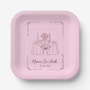 Pink Whimsical Hand Drawn Illustrated Wedding Paper Plates
