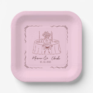 Pink Whimsical Hand Drawn Illustrated Wedding Paper Plates