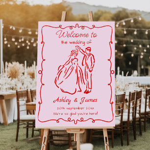 Pink Whimsical Hand Drawn Wedding Welcome Foam Board