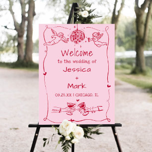 Pink Whimsical Hand Drawn Wedding Welcome Sign