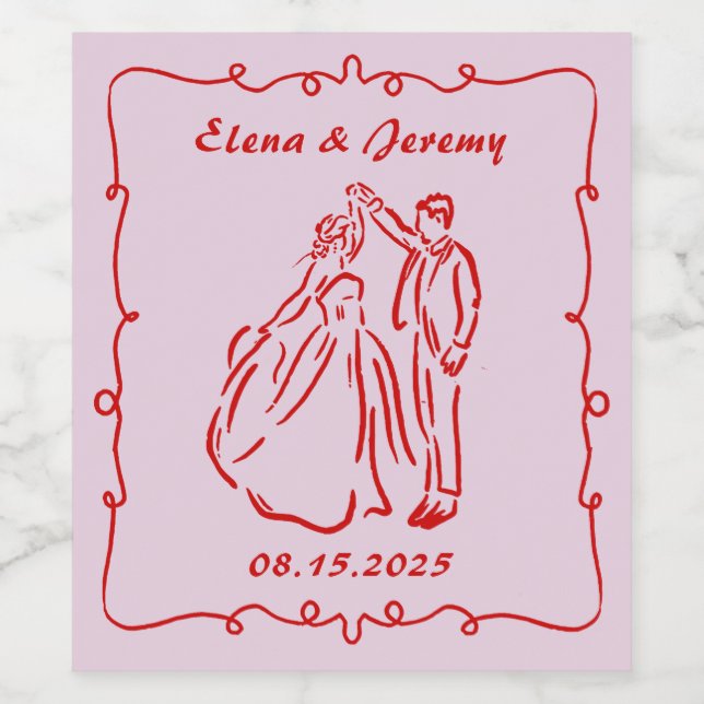 Pink Whimsical Hand Drawn Wedding Wine Label (Single Label)