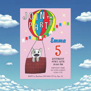 Pink Whimsical Hot Air Balloon Cat Birthday Invitation