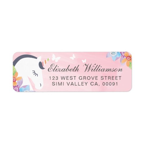 Pink Whimsical Magical Unicorn Butterfly  Florals Label