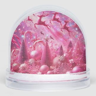 Pink Whimsical Noel Village Christmas  Snow Globe