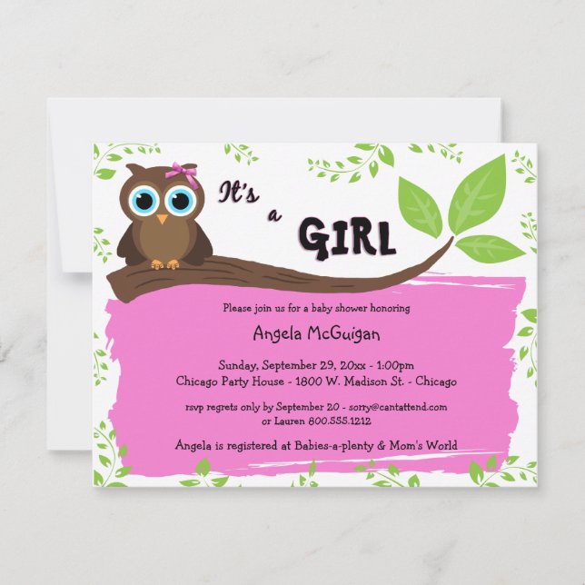 Pink Whimsical Owl Baby Shower Invite (Front)