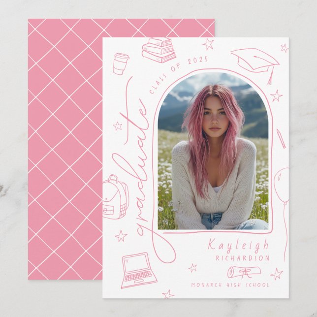 Pink Whimsical Photo Graduation Announcement (Front/Back)