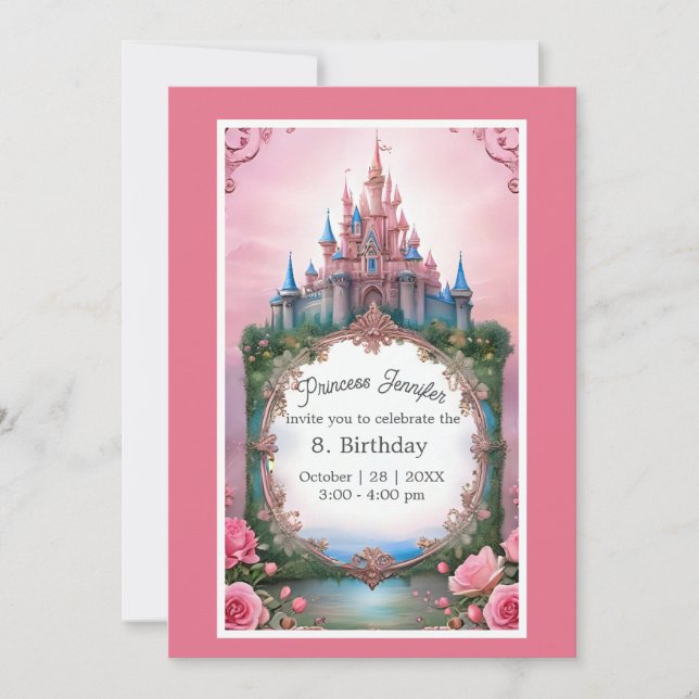 pink whimsical princess fairytale castle birthday  invitation (Front)