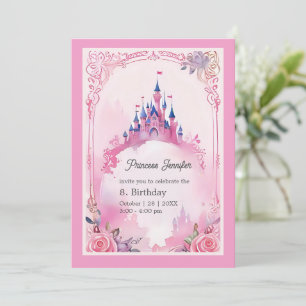pink whimsical princess fairytale castle birthday  invitation