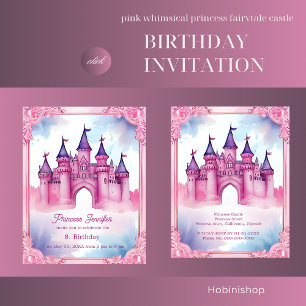 pink whimsical princess fairytale castle birthday  invitation