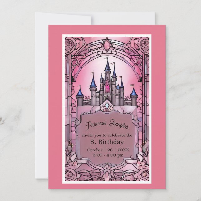 pink whimsical princess fairytale castle birthday  invitation (Front)