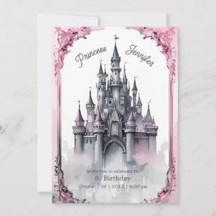 pink whimsical princess fairytale castle birthday invitation