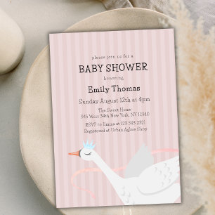 Pink Whimsical Princess Swan Stripe Baby Shower Invitation