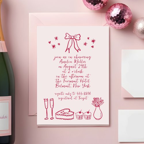 Pink Whimsical Retro Bow Doodle Bridal Shower Invitation