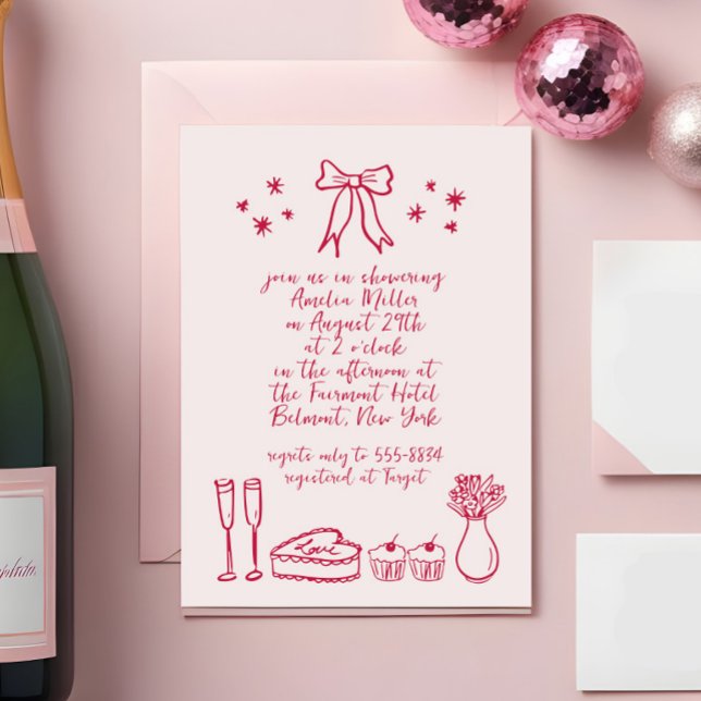Pink Whimsical Retro Bow Doodle Bridal Shower Invitation (Creator Uploaded)