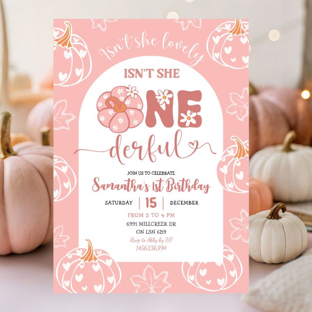 Pink Whimsical Retro Pumpkin Onederfull Birthday Invitation (Creator Uploaded)