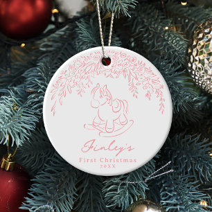 Pink Whimsical rocking horse Baby's 1st Christmas Ceramic Ornament