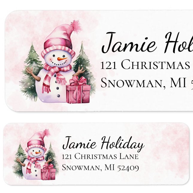 Pink Whimsical Snowman Christmas Return Address Label (Creator Uploaded)