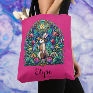 Pink Whimsical Stained Glass Easter Bunny Tote Bag
