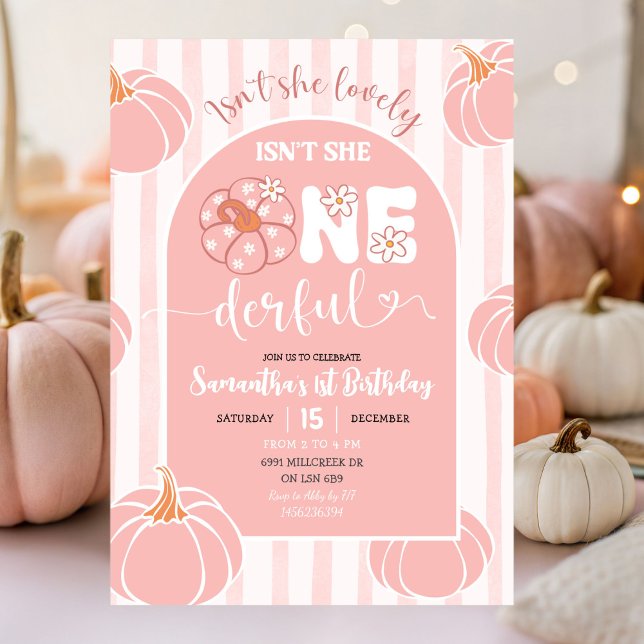 Pink Whimsical Stripes Pumpkin Onederfull Birthday Invitation (Creator Uploaded)