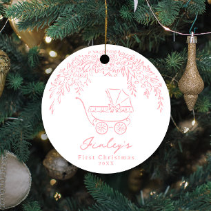 Pink Whimsical Stroller Baby's First Christmas Ceramic Ornament