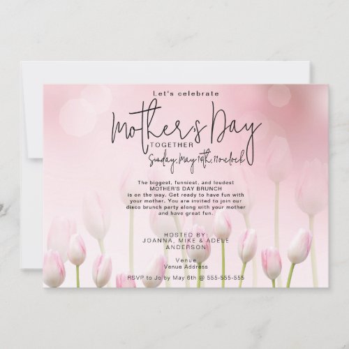 Pink Whimsical Tulips Mothers Day Script Brunch Invitation