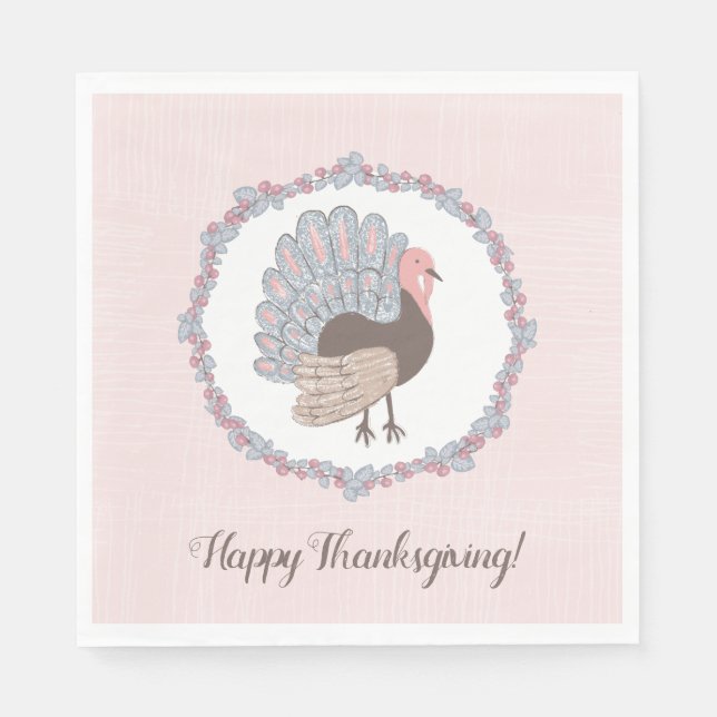 Pink Whimsical Turkey Happy Thanksgiving Napkins (Front)