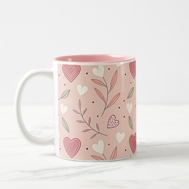 Pink Whimsical Valentines Day Pattern Two-Tone Coffee Mug (Left)
