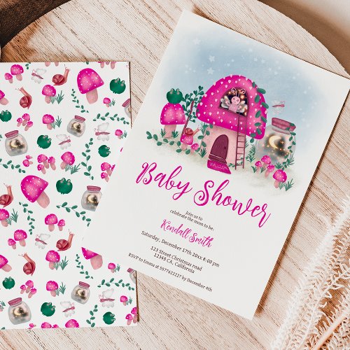 Pink whimsical woodland fairy mushroom baby shower invitation