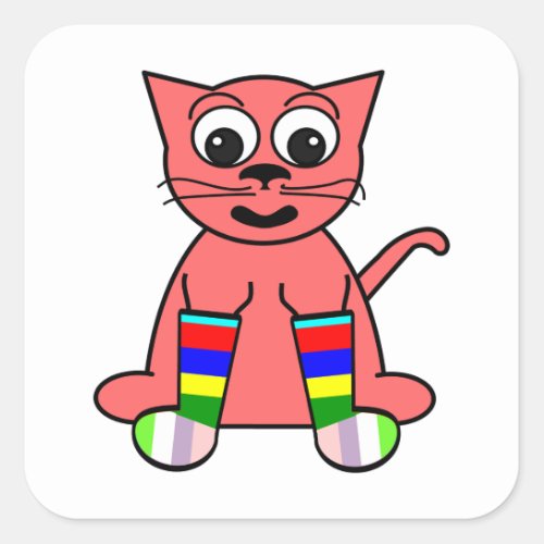 Pink Whisker Cat With Rainbow Socks Square Sticker